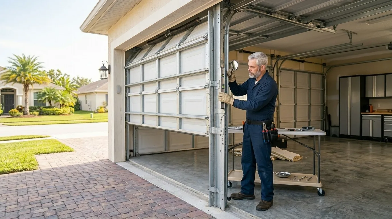 Garage door technician repairing an older residential garage door in Midland Michigan